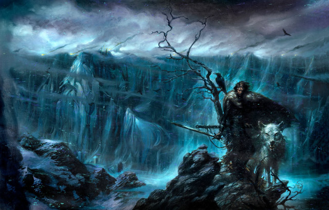 Man mountain tree waterfall painting free wallpaper - medium preview image