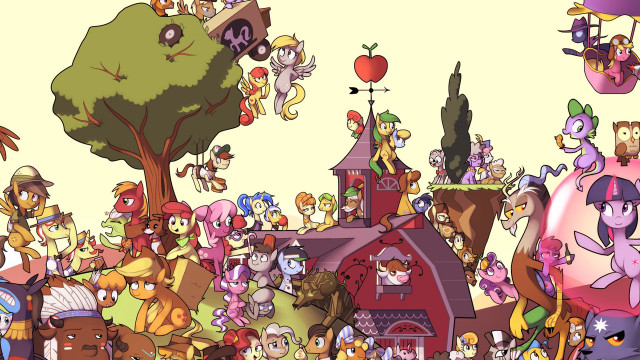 Cartoon characters group tree building free wallpaper - medium preview image