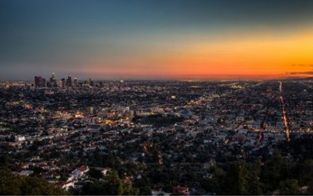 Cityscape sunset reflection skyscrapers mountain free wallpaper - medium preview image