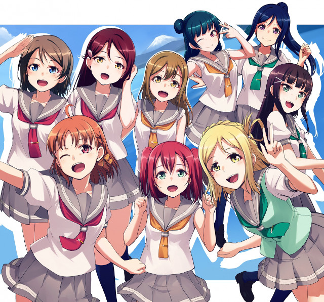 Group girls schooluniforms posing hands free wallpaper - medium preview image