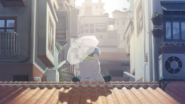 Person sitting roof umbrella buildings free wallpaper - medium preview image