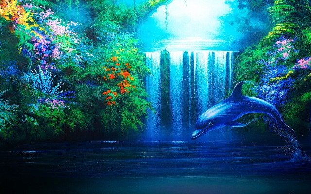 Dolphin jumping waterfall river background free wallpaper - medium preview image