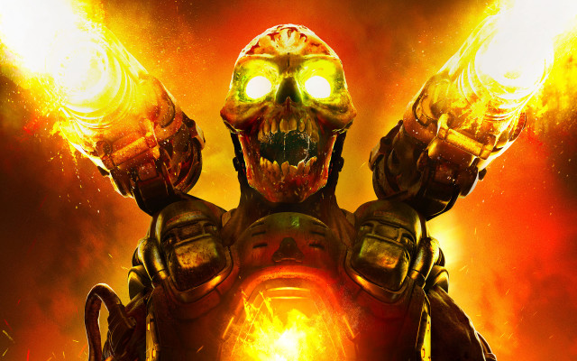 Demonic robot flaming skull armcannon free wallpaper - medium preview image