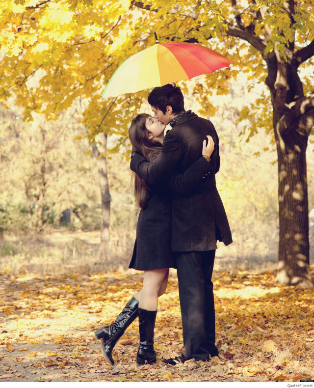 Romantic embrace autumn leaves park free wallpaper - medium preview image