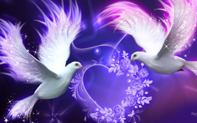 Doves heart flowers sparkles purple free wallpaper - medium preview image