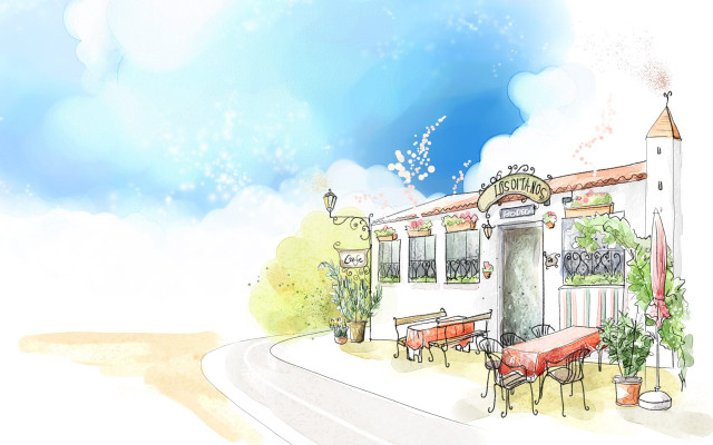 House red table chairs outside free wallpaper - medium preview image