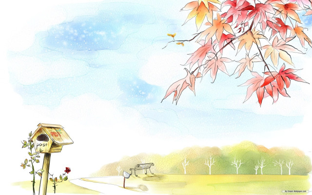 Birdhouse tree red leaves blue free wallpaper - medium preview image