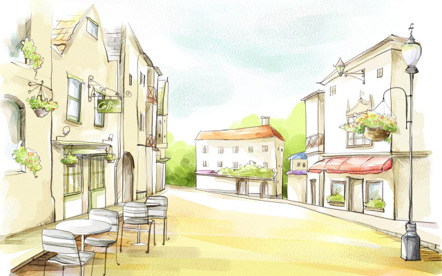 Street tables chairs building red free wallpaper - medium preview image
