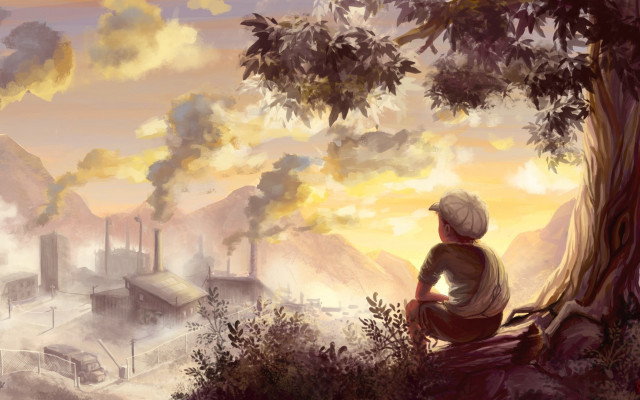 Man tree factory smokestacks sunset free wallpaper - medium preview image