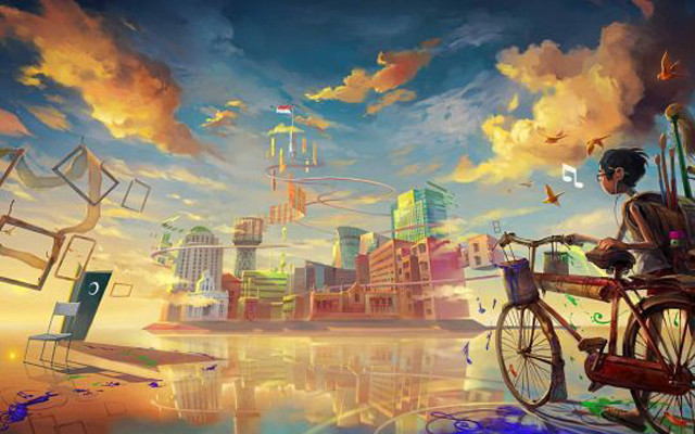 Man bike city bird sunset free wallpaper - medium preview image