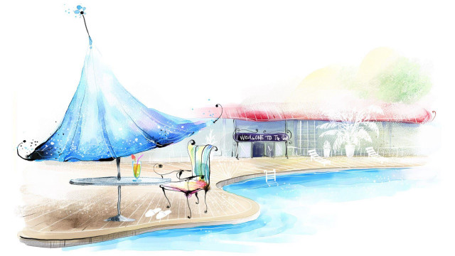 Blue umbrella chair pier pool free wallpaper - medium preview image