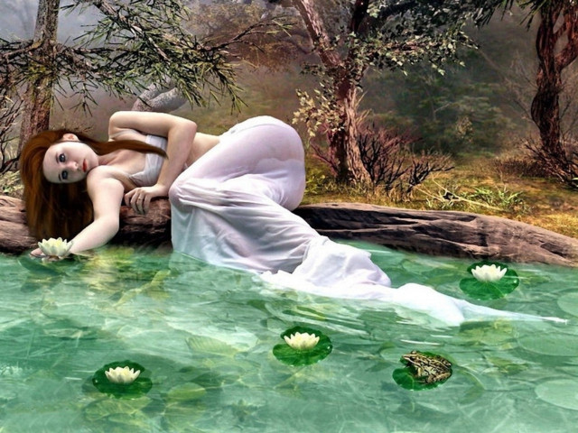 Woman laying log pond lily free wallpaper - medium preview image