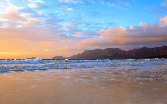 Beach waves mountain clouds blue free wallpaper - medium preview image