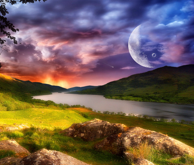 Landscape lake moon purple blue free wallpaper - medium preview image