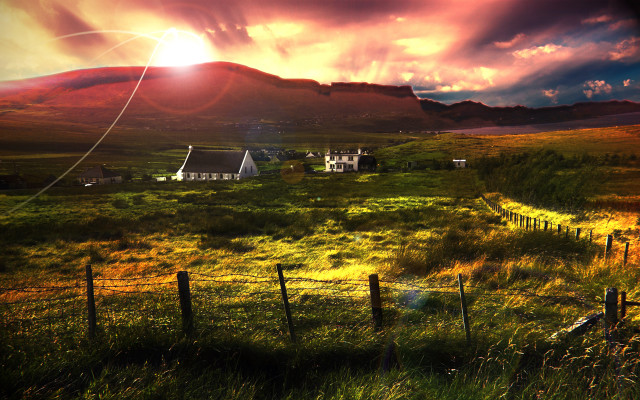 Field fence house sunset mountain free wallpaper - medium preview image