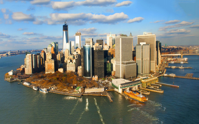 City tall buildings boat water free wallpaper - medium preview image