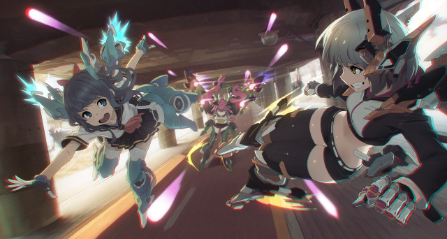 Anime girls running street arms free wallpaper - medium preview image