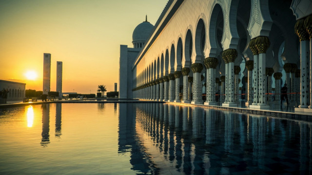 Large building pool sunset sun free wallpaper - medium preview image