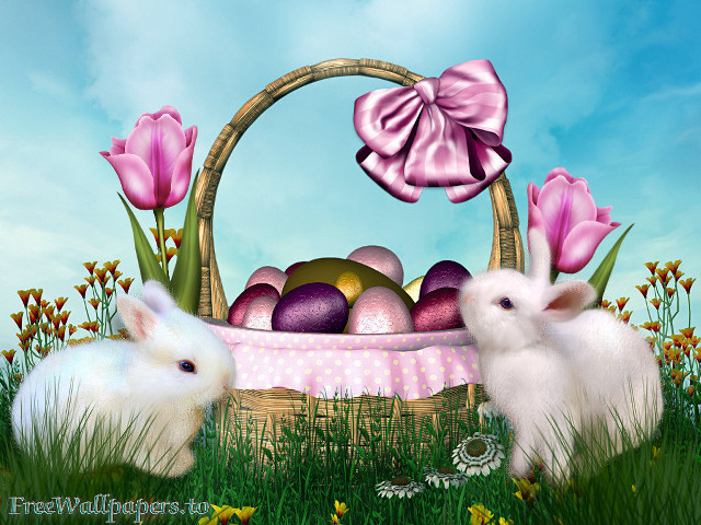 Two white rabbits basket eggs free wallpaper - medium preview image