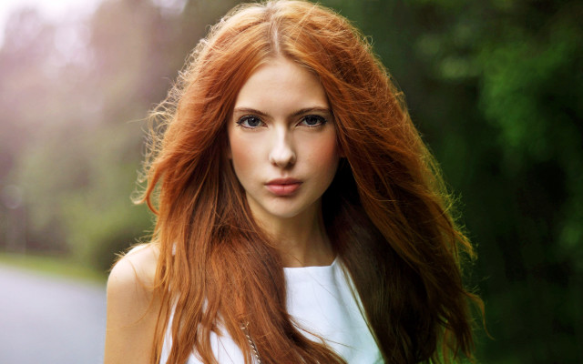 Woman red hair street trees free wallpaper - medium preview image
