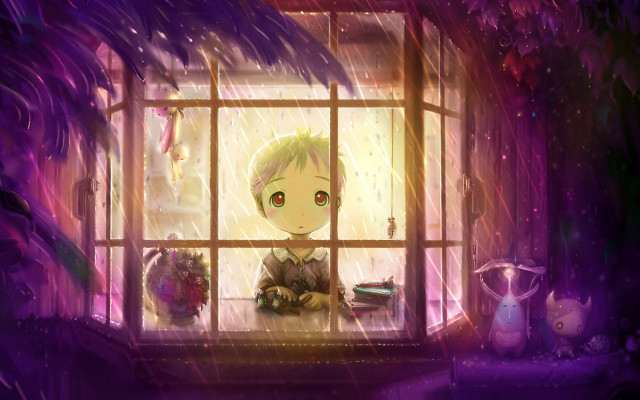 Little boy window rain purple free wallpaper - medium preview image