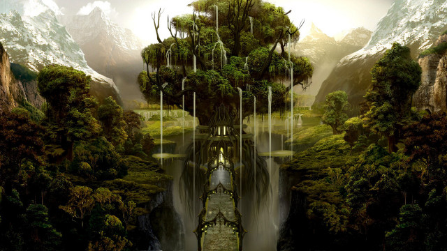 Waterfall house mountain trees painting free wallpaper - medium preview image
