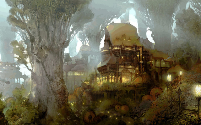 Fantasy city trees lights buildings free wallpaper - medium preview image
