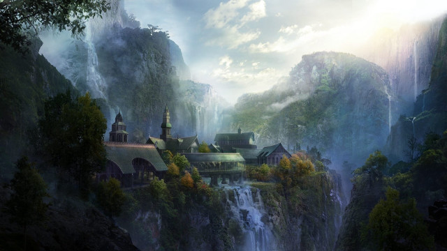 Fantasy castle mountain waterfall below #3 free wallpaper - medium preview image
