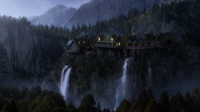 Castle cliff waterfall forest night #2 free wallpaper for desktop - medium preview image