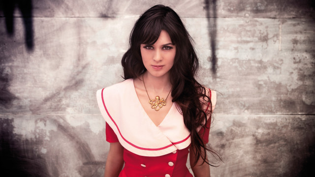 Woman red dress pose wall free wallpaper - medium preview image