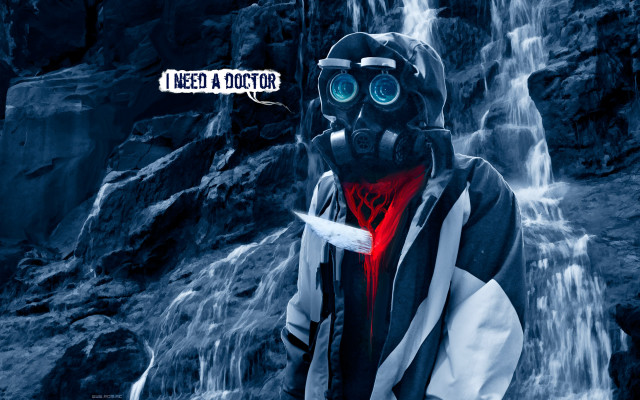 Man gas mask jacket waterfall free wallpaper - medium preview image