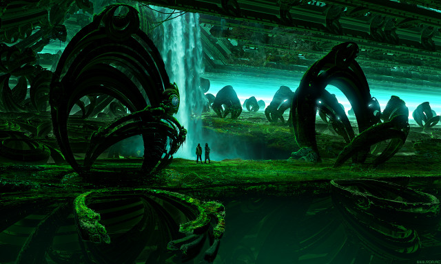 Futuristic city waterfall man standing free wallpaper - medium preview image