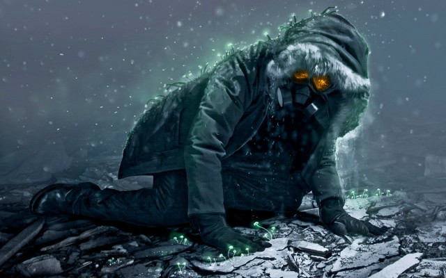 Man gasmask rubble snow gloweyes free wallpaper - medium preview image