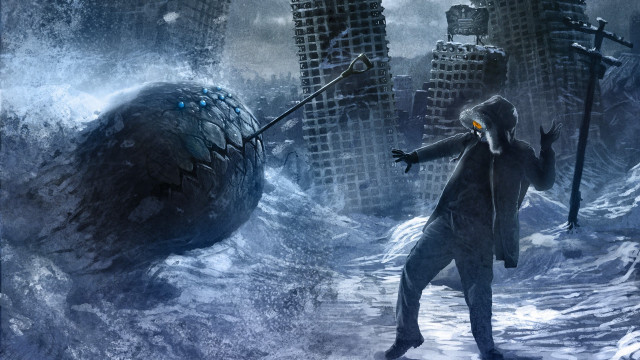 Man suit stick snowy landscape free wallpaper - medium preview image