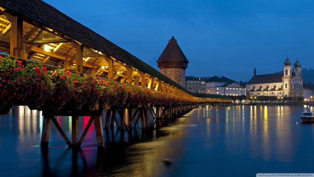 Wooden bridge flowers night building free wallpaper - medium preview image