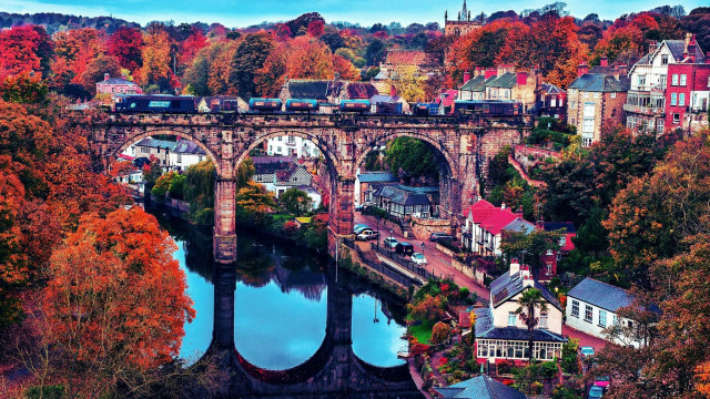 Train bridge river town autumn free wallpaper - medium preview image