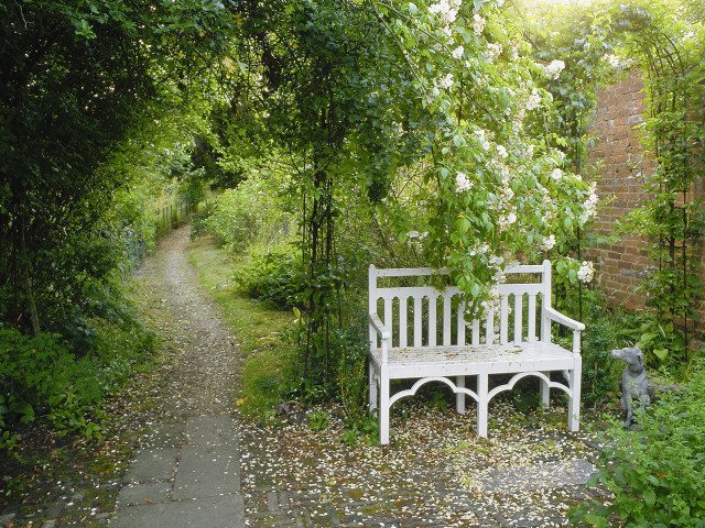 White bench forest brick building free wallpaper - medium preview image