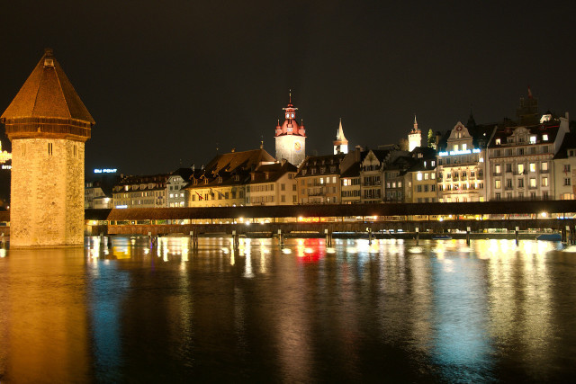 City bridge clocktower night reflections free wallpaper - medium preview image