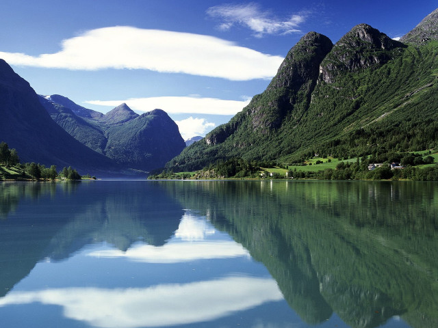 Lake mountains forest grass blue free wallpaper - medium preview image
