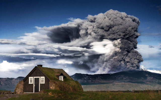 House green roof smoke mountain free wallpaper - medium preview image