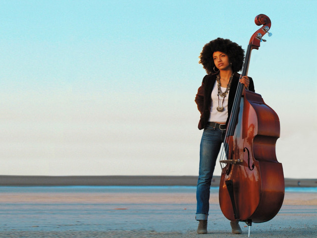 Woman beach cello guitar standing free wallpaper - medium preview image