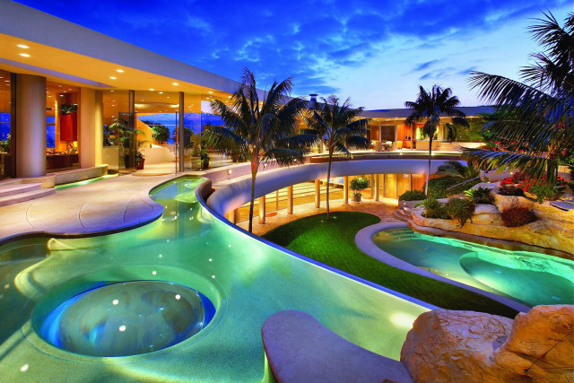 Large pool waterfall night palm free wallpaper - medium preview image
