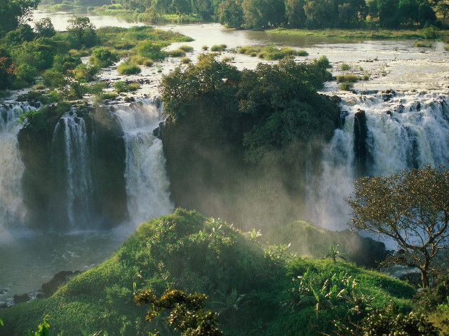 Waterfall river trees forest people free wallpaper - medium preview image