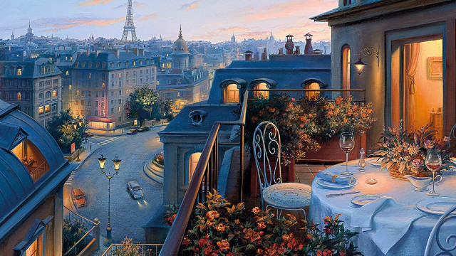 Cityscape table chairs view painting free wallpaper - medium preview image
