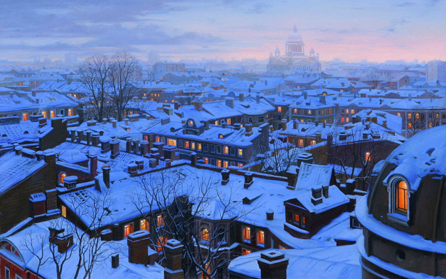 Snowy city clock tower skyline free wallpaper - medium preview image