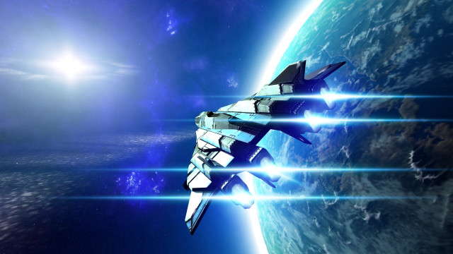 Spaceship flying blue planet sun free wallpaper - medium preview image