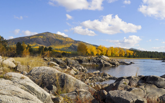 River rocks trees mountain distance free wallpaper - medium preview image