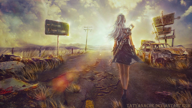 Woman walking road broken car free wallpaper - medium preview image