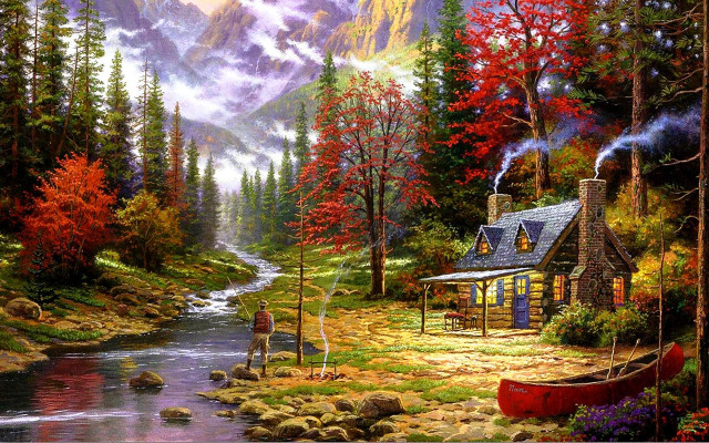 Cabin woods stream canoe autumn free wallpaper - medium preview image