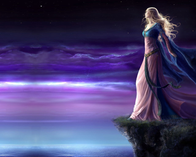 Woman cliff ocean night purple free wallpaper - medium preview image